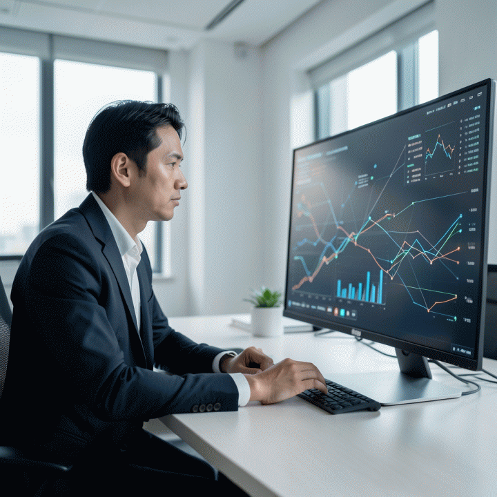 Manajer pemasaran profesional menganalisis dashboard data alokasi anggaran iklan yang kompleks dan strategis di ruang rapat modern.