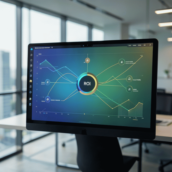 Visualisasi dashboard digital yang canggih dan modern, menunjukkan alokasi anggaran pemasaran dan grafik pertumbuhan ROI yang terinterkoneksi, melambangkan perencanaan strategis bisnis.