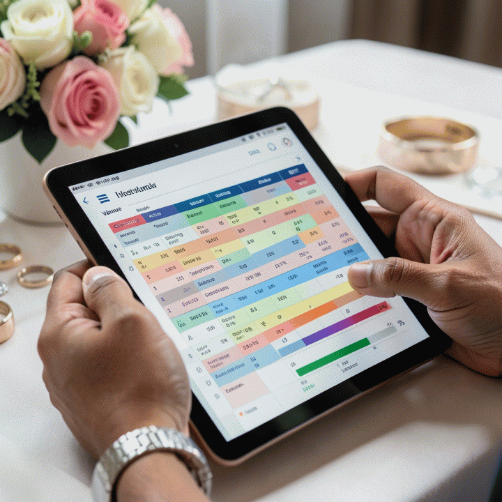 Tangan pasangan yang sedang meninjau spreadsheet anggaran pernikahan di tablet digital untuk memastikan alokasi dana yang terstruktur.