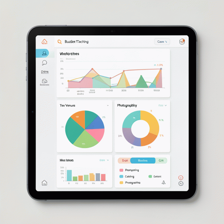 Mockup antarmuka digital dashboard budgeting pernikahan dengan grafik dan diagram yang terstruktur namun tanpa teks yang terbaca.