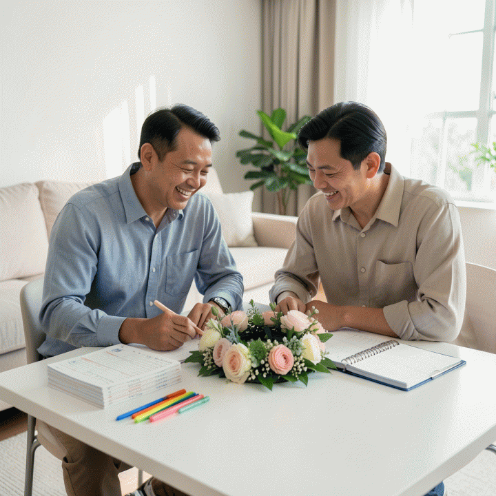 Pasangan pengantin Indonesia yang sedang merencanakan pernikahan di ruang tamu modern dengan suasana hati yang tenang dan terorganisir, dikelilingi oleh alat bantu budgeting dan rencana acara.