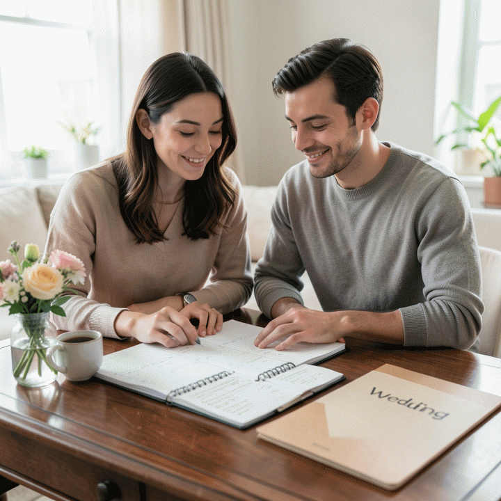 Pasangan muda yang tersenyum sambil meninjau buku panduan dan rencana anggaran pernikahan di meja kayu elegan, menunjukkan suasana perencanaan keuangan yang tenang dan terorganisir.
