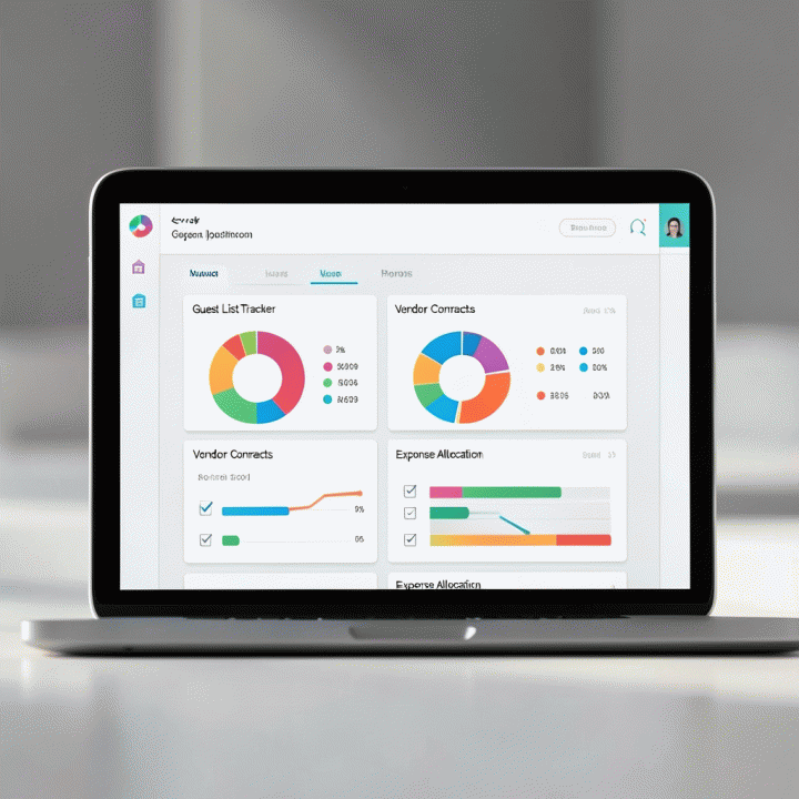 Tampilan antarmuka digital perencanaan acara pernikahan yang terorganisir, menampilkan alokasi biaya, daftar tamu, dan vendor dalam bentuk grafik abstrak.