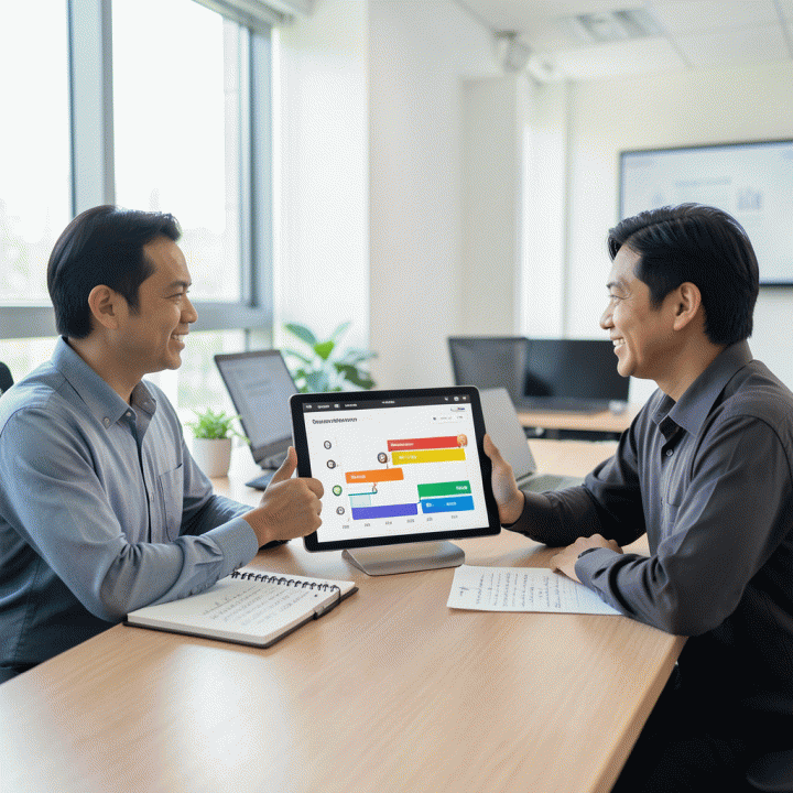 Pasangan berdiskusi dengan vendor pernikahan, melihat jadwal vendor dalam bentuk grafik abstrak di tablet.