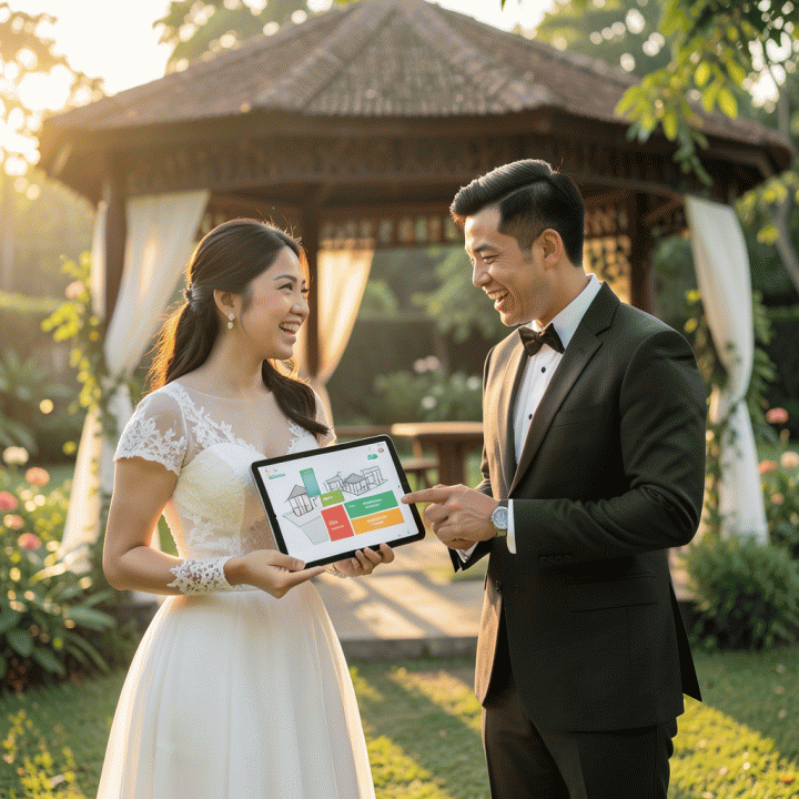 Pasangan pengantin bersama wedding planner sedang meninjau venue pernikahan di taman, pengantin wanita memegang tablet yang menampilkan denah abstrak venue.
