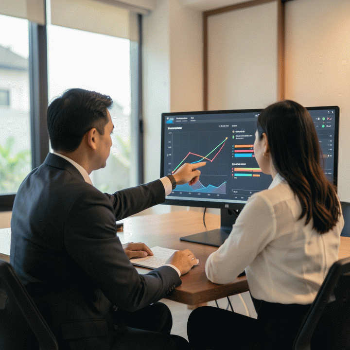 Seorang penjual e-commerce profesional di Indonesia menganalisis grafik pertumbuhan bisnis yang kompleks dan berwarna pada dashboard digital yang modern, menunjukkan keberhasilan optimasi bisnis.
