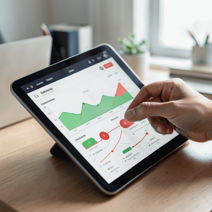 Tangan menggunakan tablet untuk menganalisis dashboard analitik e-commerce yang menampilkan tren penjualan dan margin keuntungan yang kompleks.