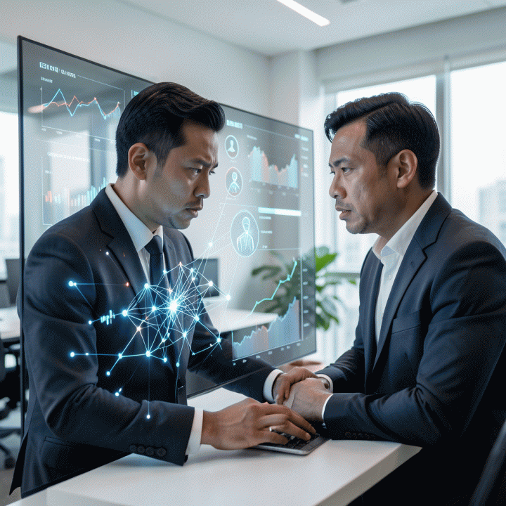 Seorang manajer pemasaran di kantor modern sedang menganalisis data kompetitor yang kompleks pada layar digital, mencari peluang pasar yang belum tergarap.