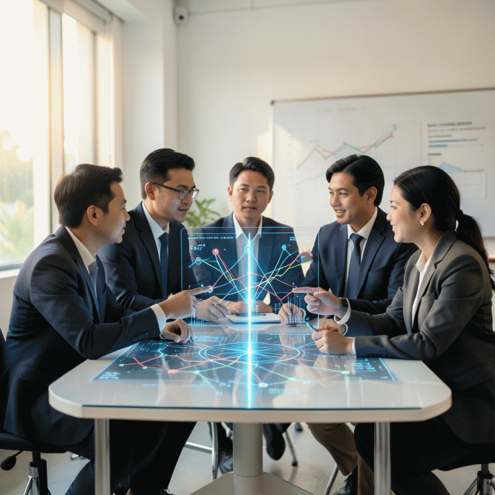 Kelompok profesional marketer di ruang kerja modern menganalisis data visualisasi holografik untuk mengidentifikasi celah pasar kompetitor.