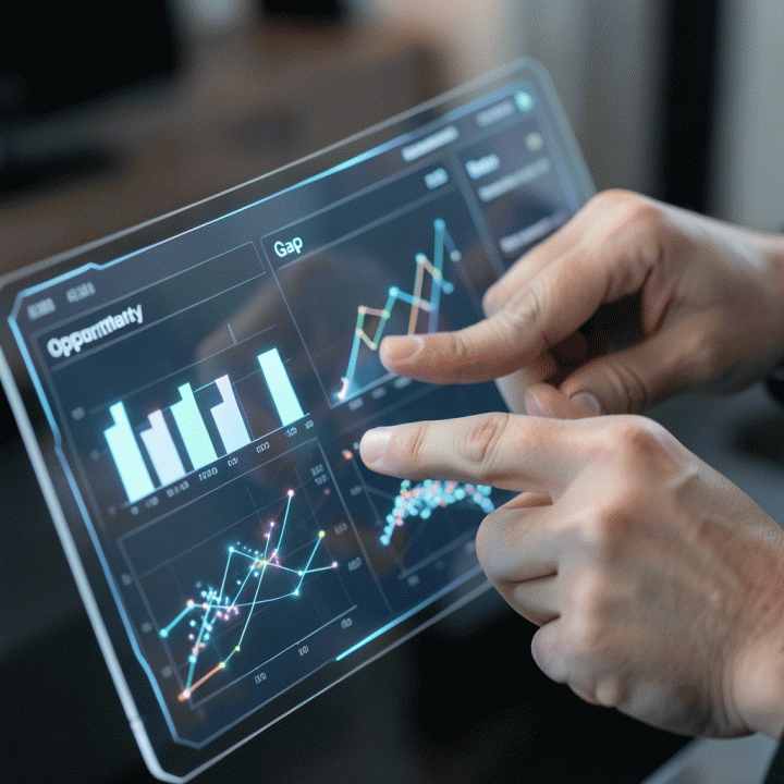 Tangan profesional menganalisis dashboard data digital yang menunjukkan celah pasar dan peluang bisnis.