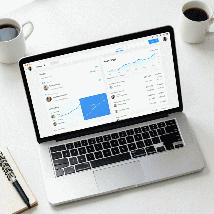 Tampilan aplikasi analisis data di laptop yang membandingkan data kompetitor untuk menemukan celah pasar.