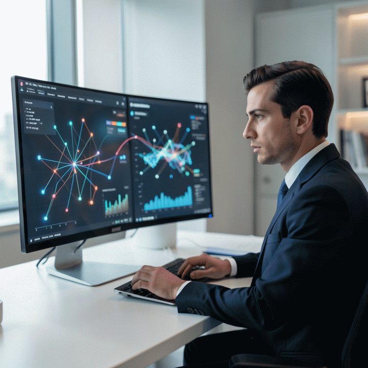 Analisis data di dashboard modern yang menampilkan grafik dan pola kompleks, menunjukkan proses pencarian insight.