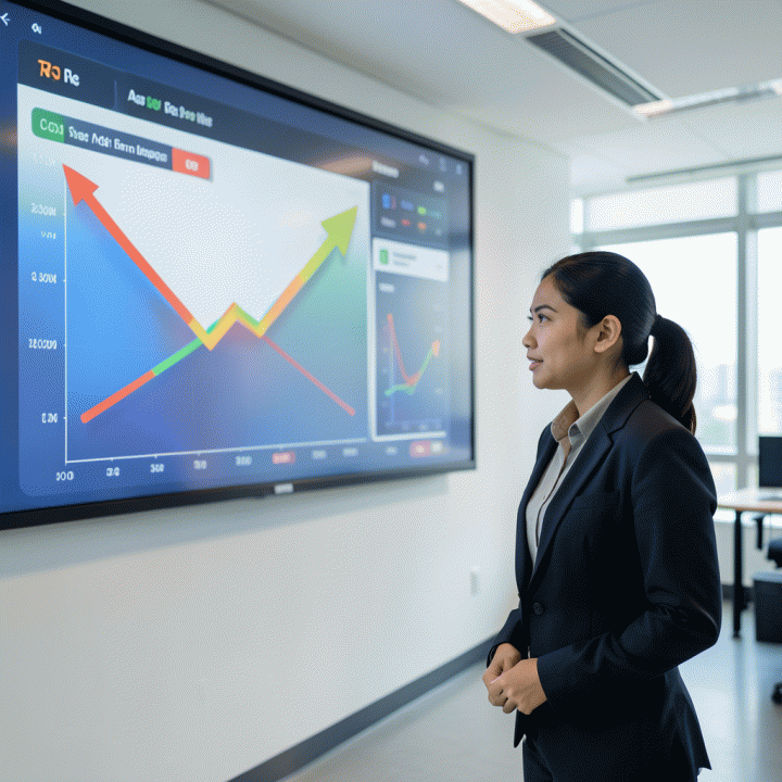 Seorang manajer pemasaran melihat dashboard proyeksi besar yang menampilkan metrik pertumbuhan yang jelas, menandakan strategi pemasaran yang optimal.