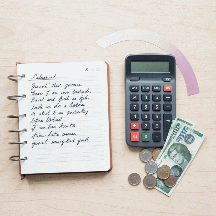 Tampilan datar (flat lay) alat bantu budgeting seperti buku jurnal, koin, dan alat tulis di atas meja kayu, melambangkan persiapan perencanaan keuangan.