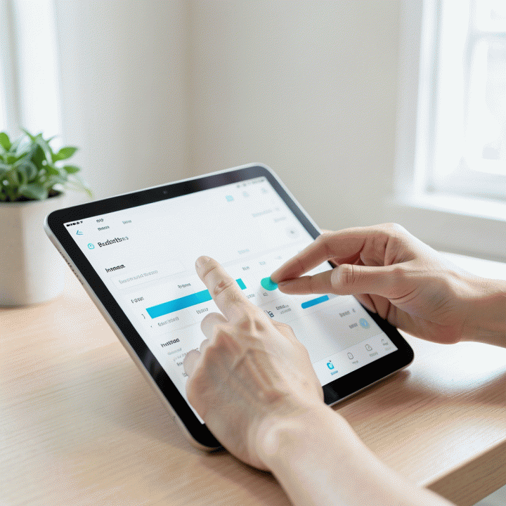 Tangan yang menggunakan aplikasi budgeting di tablet, menyoroti proses visualisasi dan pengontrolan alur dana pribadi.