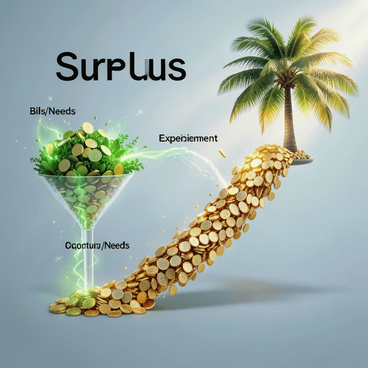Visualisasi metaforis yang menunjukkan alur keuangan dari pendapatan hingga sisa anggaran atau surplus dana untuk liburan.