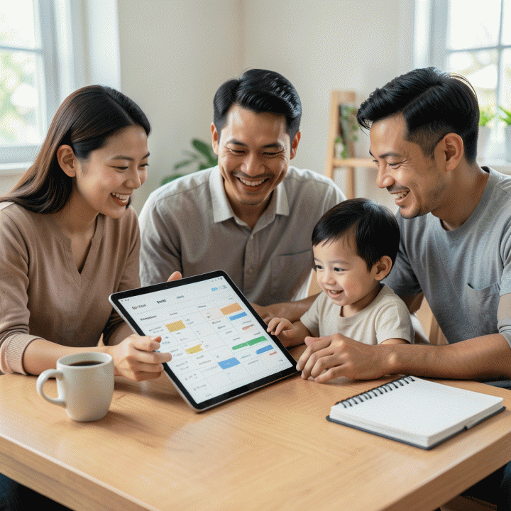 Keluarga muda Indonesia yang sedang berdiskusi dan merencanakan anggaran keuangan bersama-sama menggunakan spreadsheet digital di meja kayu yang rapi.