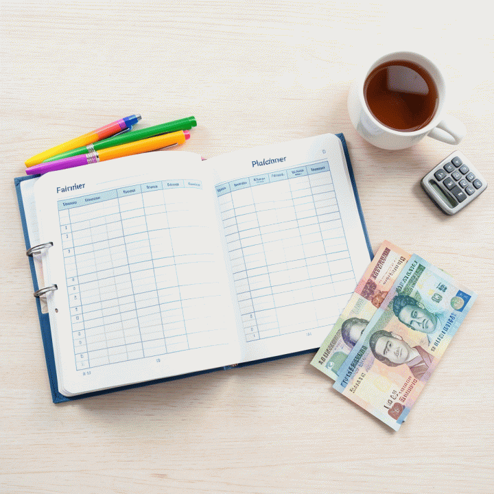 Komposisi flat lay peralatan budgeting: buku Family Planner, uang, dan alat tulis di atas meja kayu, menunjukkan kesiapan untuk merencanakan keuangan keluarga.