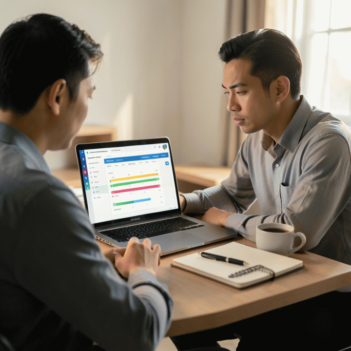 Seorang profesional muda yang fokus di meja kerja dengan laptop yang menampilkan dashboard 'Application Tracker' yang terorganisir dan berwarna-warni, melambangkan manajemen lamaran kerja yang efektif.