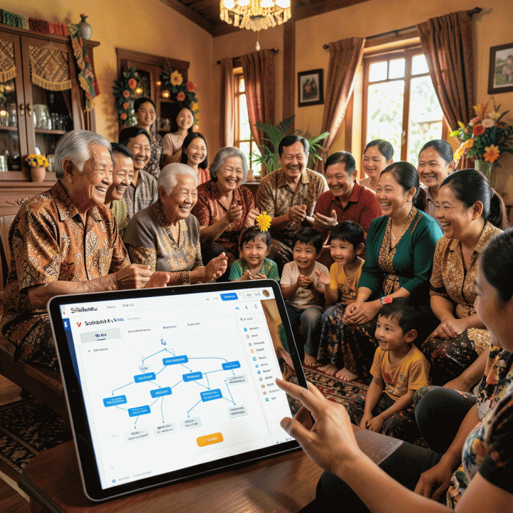 Keluarga lintas generasi yang berkumpul di perayaan, menatap tablet yang menampilkan silsilah keluarga digital yang terorganisir.