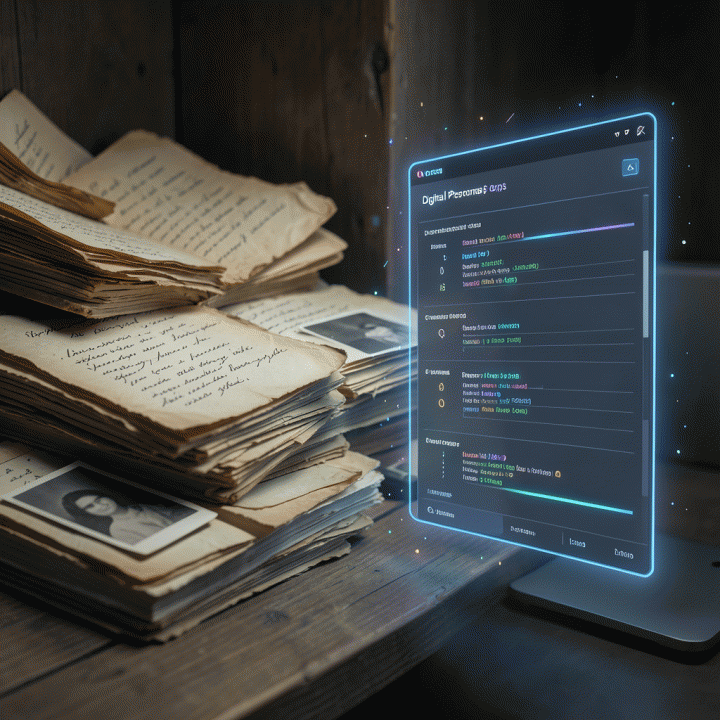 Visualisasi transisi dari arsip fisik yang rapuh menjadi arsip silsilah digital yang rapi dan lestari.