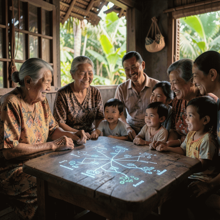 Ilustrasi hangat dan realistis sebuah keluarga besar Indonesia dari berbagai generasi yang berkumpul di sekitar tampilan digital silsilah keluarga (family tree), melambangkan warisan sejarah yang dilestarikan secara digital.