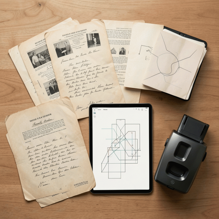 Tampilan atas (flat lay) berisi foto lama, dokumen sejarah fisik, dan sebuah tablet yang menampilkan antarmuka silsilah keluarga digital, menunjukkan proses pengarsipan komprehensif.