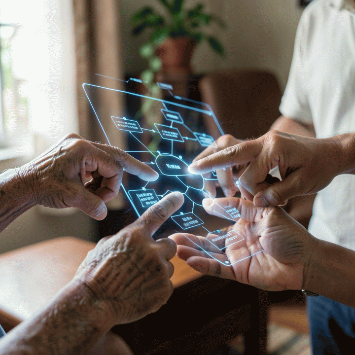 Tangan dari berbagai generasi yang bekerja sama menelusuri dan melihat silsilah keluarga digital pada proyeksi hologram di rumah.