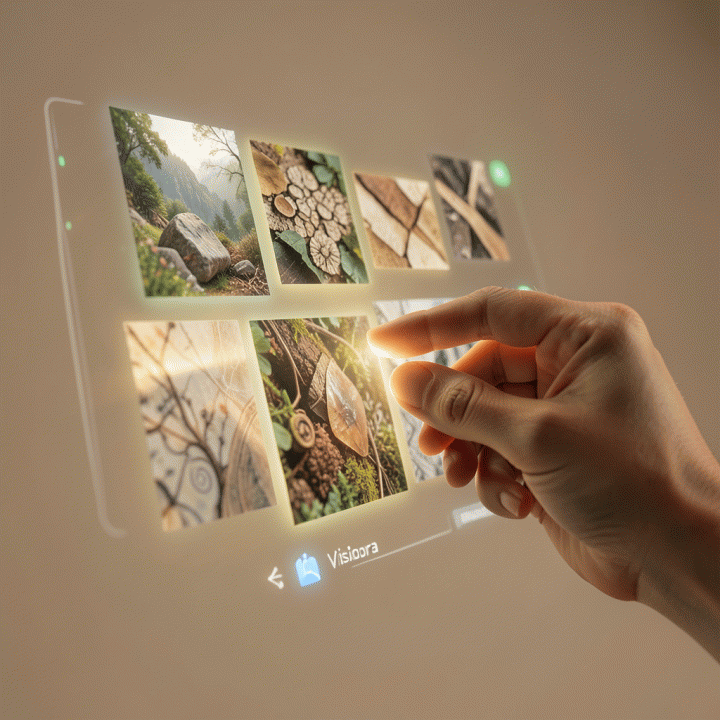 Visualisasi konseptual interaksi manusia dengan AI untuk menghasilkan aset visual yang kaya tekstur dan otentik, tanpa teks yang terbaca.