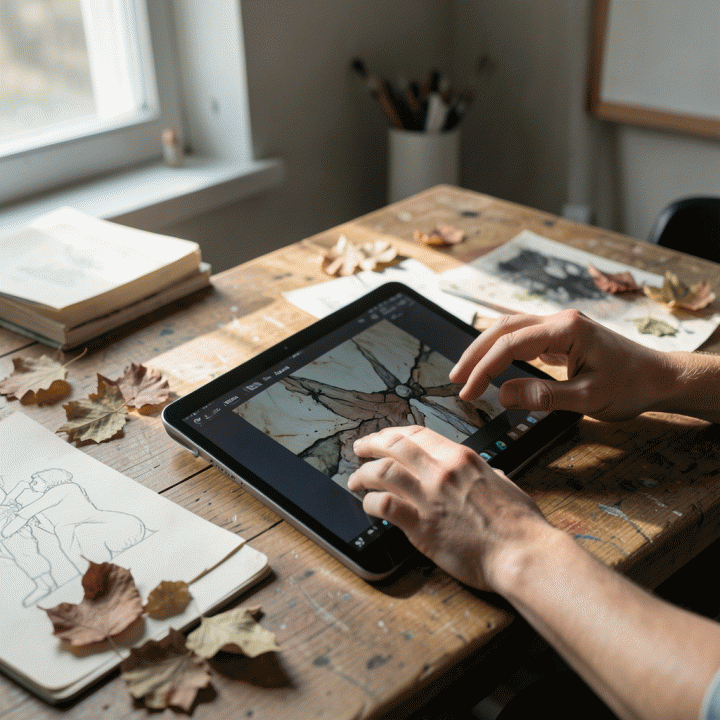 Meja kerja studio seni digital yang menampilkan perpaduan antara sketsa fisik dan antarmuka tablet AI yang menampilkan desain dengan tekstur otentik, melambangkan tren 'Simulated Authenticity' dalam desain digital.