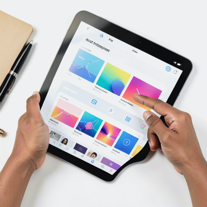 Tangan menggunakan tablet AI untuk mengelola dan menghasilkan aset visual yang beragam dan konsisten.