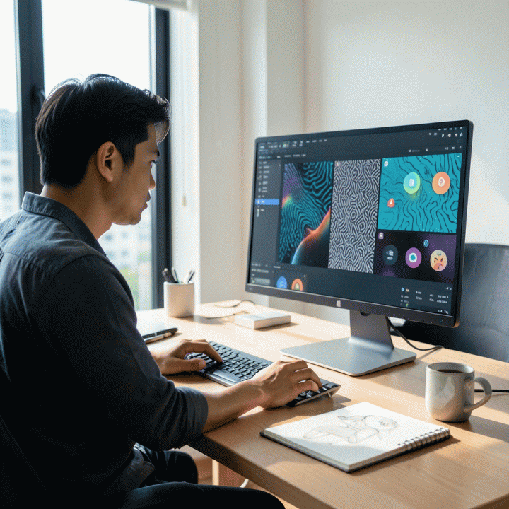 Seorang content creator Indonesia di meja kerja modern menggunakan AI untuk menghasilkan aset visual yang konsisten dan berkualitas tinggi, melambangkan kemudahan pembuatan konten profesional.