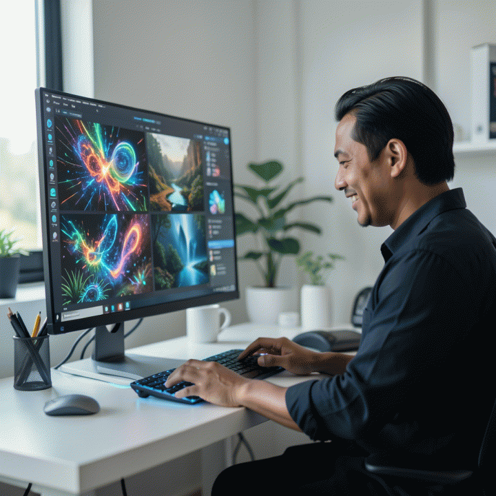Seorang content creator Indonesia menggunakan alat AI futuristik di ruang kerja modern untuk menghasilkan aset visual profesional secara instan.