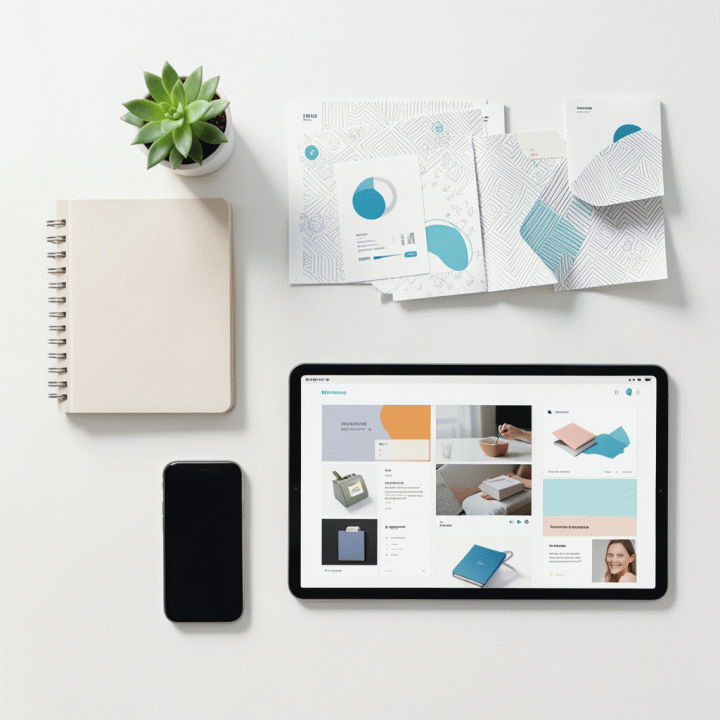 Tata letak flat lay yang menunjukkan perpaduan aset fisik dan aset digital yang mudah diatur untuk konten profesional.