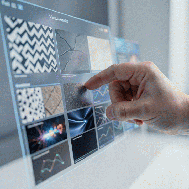 Interaksi tangan digital dengan antarmuka holografik yang menampilkan berbagai jenis aset visual profesional.