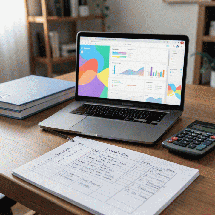 Detail close-up meja perencanaan pernikahan yang menunjukkan koordinasi antara checklist fisik dan visualisasi data digital yang teratur.