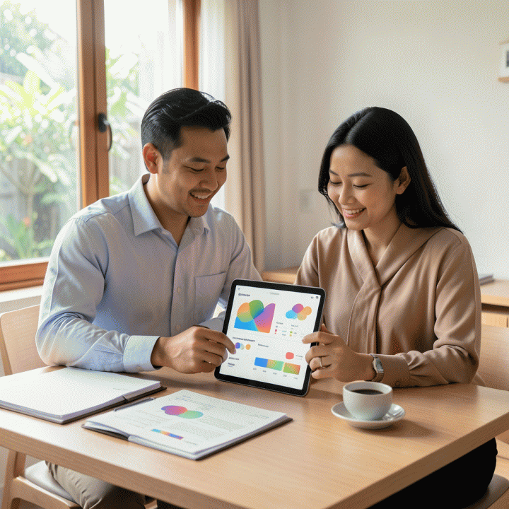 Pasangan pengantin yang tenang dan terorganisir sedang meninjau rencana pernikahan di tablet modern, menunjukkan manajemen anggaran dan daftar tamu yang efisien.