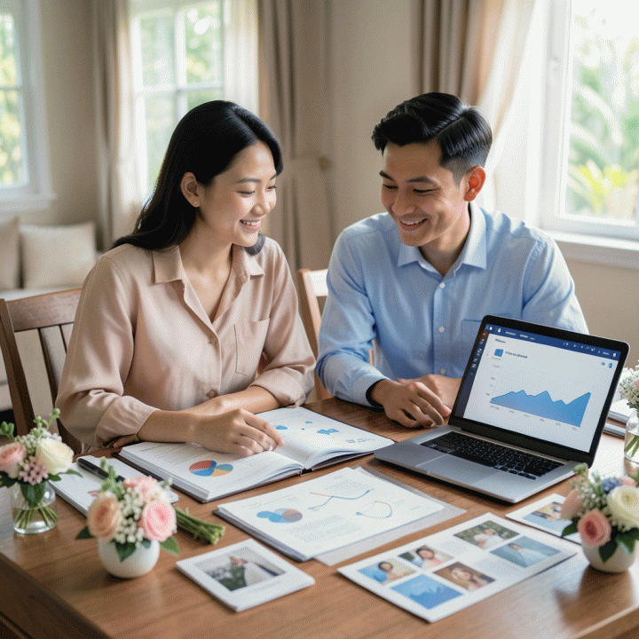 Pasangan pengantin muda Indonesia duduk di meja perencanaan yang tertata rapi dengan planner, laptop berisi dashboard abstrak, dan material pernikahan, menunjukkan proses persiapan yang terorganisasi.