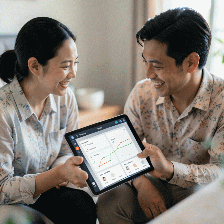 Pasangan pengantin meninjau rencana pernikahan terorganisir di tablet modern, menunjukkan antarmuka data tamu dan timeline yang jelas.