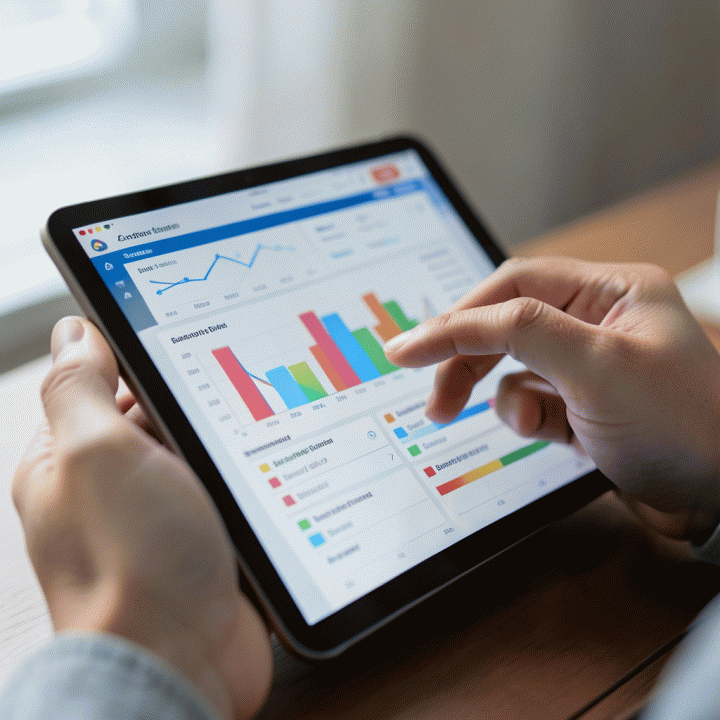 Tangan sedang meninjau dashboard digital di tablet yang menunjukkan grafik keuangan dan anggaran yang terorganisir, melambangkan kontrol finansial.