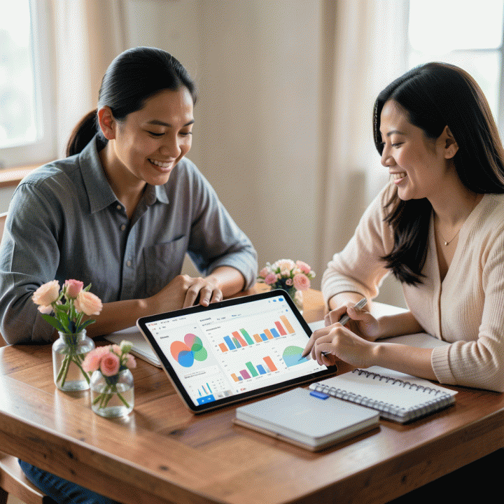 Pasangan pengantin Indonesia yang tenang dan bahagia sedang merencanakan pernikahan di meja yang tertata rapi, dikelilingi oleh alat perencanaan digital dan fisik yang menunjukkan kontrol anggaran dan data tamu yang terorganisir.