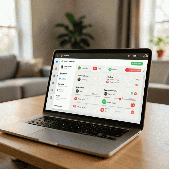Tampilan digital daftar tamu yang rapi dan terorganisir di laptop, menunjukkan status RSVP dan manajemen data tamu yang efisien.