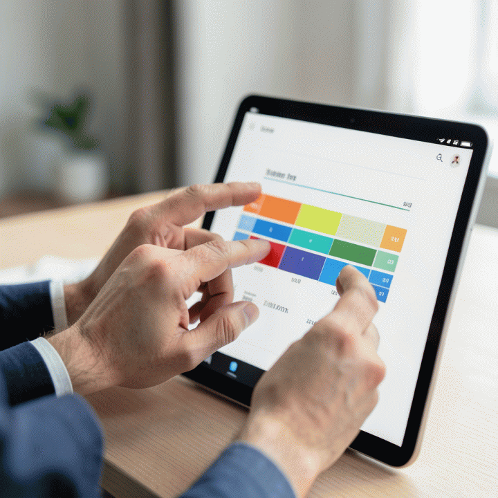 Dua tangan yang berkolaborasi mengatur grafik anggaran yang terorganisir di layar digital, melambangkan manajemen keuangan pernikahan yang akurat.