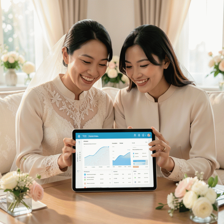 Pasangan pengantin muda Indonesia yang bahagia meninjau data perencanaan pernikahan yang terorganisir di tablet modern, melambangkan manajemen anggaran dan data tamu yang lancar.
