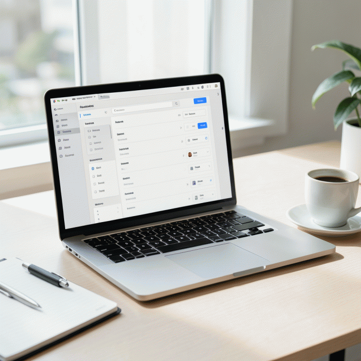 Meja kerja modern dengan laptop menampilkan antarmuka daftar tamu yang rapi dan terstruktur, menunjukkan manajemen data tamu yang efisien.