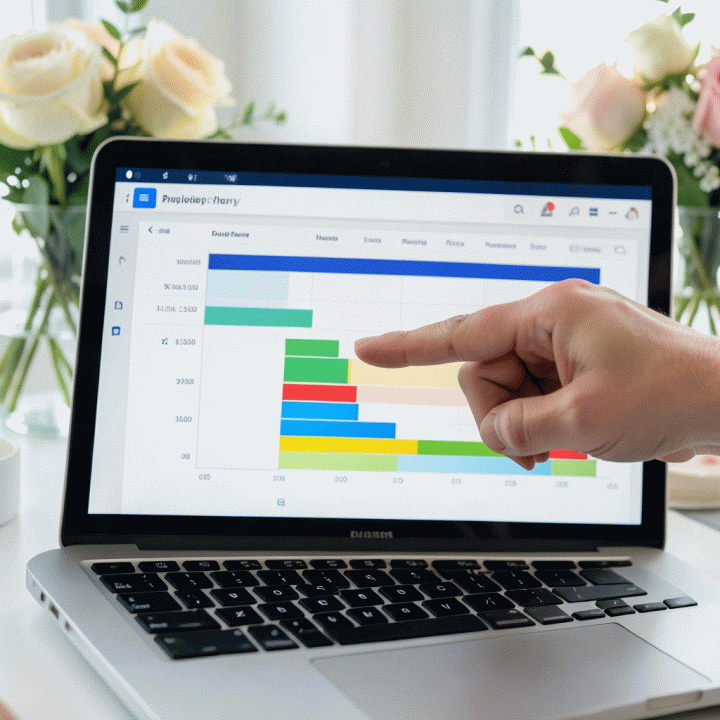 Tangan menunjuk ke visualisasi grafik anggaran yang terorganisir di laptop, menunjukkan kontrol keuangan pernikahan yang mudah.