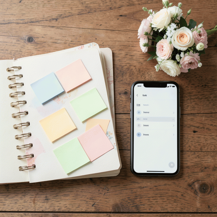 Tata letak datar yang menunjukkan elemen-elemen perencanaan pernikahan yang terorganisir, termasuk daftar tamu digital dan buku catatan, melambangkan manajemen data yang rapi.