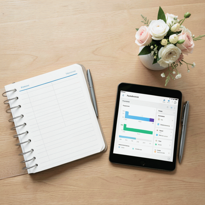 Tampilan atas (flat lay) yang menunjukkan alat-alat perencanaan pernikahan, termasuk tablet dengan dashboard anggaran abstrak, menunjukkan manajemen keuangan yang terstruktur.