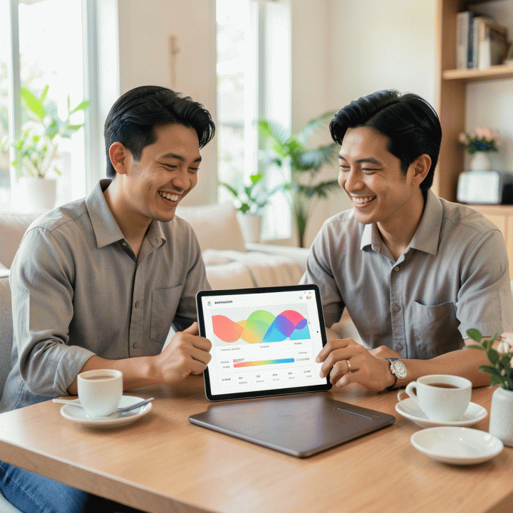 Pasangan pengantin Indonesia yang bahagia dan modern melihat dashboard perencanaan pernikahan yang rapi dan terorganisir di tablet, menunjukkan manajemen anggaran dan data tamu yang terpusat.