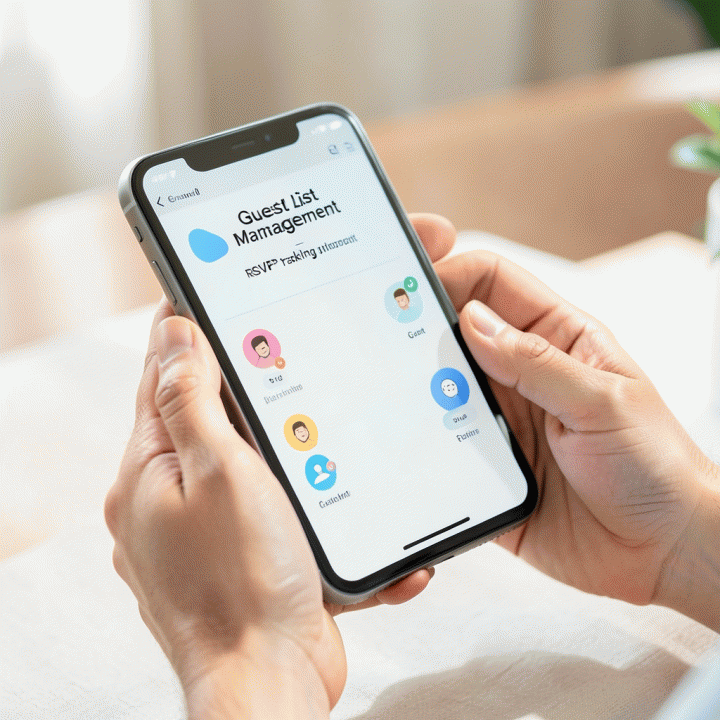 Tangan yang berinteraksi dengan aplikasi perencanaan pernikahan di tablet, menunjukkan fitur manajemen daftar tamu (RSVP) yang rapi dan mudah digunakan.